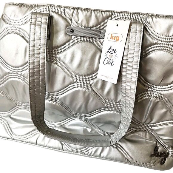 Lug Tempo Tote Metallic Silver Trolley Sleeve Padded Handles Cell Phone Pocket - Picture 5 of 16